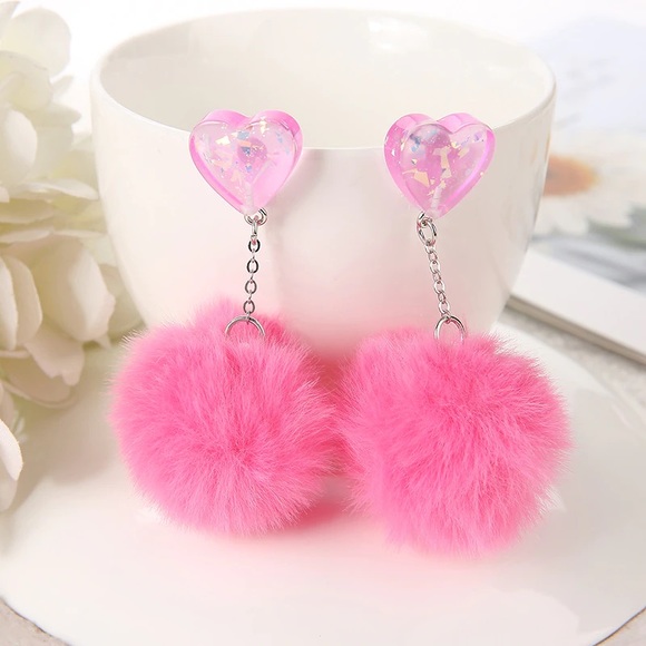 Jewelry - Pink Y2K Earrings With Pink Fluffy Heart - 90s’ Jewelry NWT